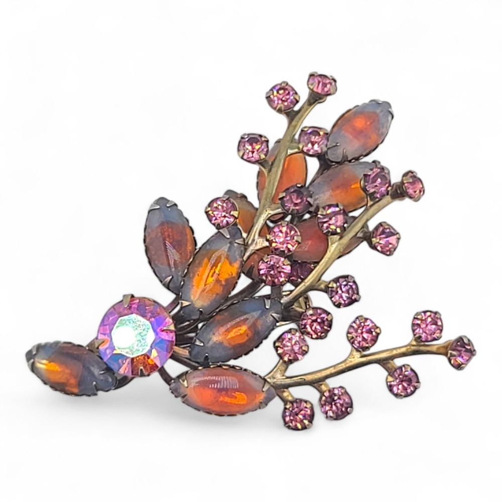 vintage beau jewels Judy Lee Brooch Gold Tone Spray Faux Opal And Pink Mcm